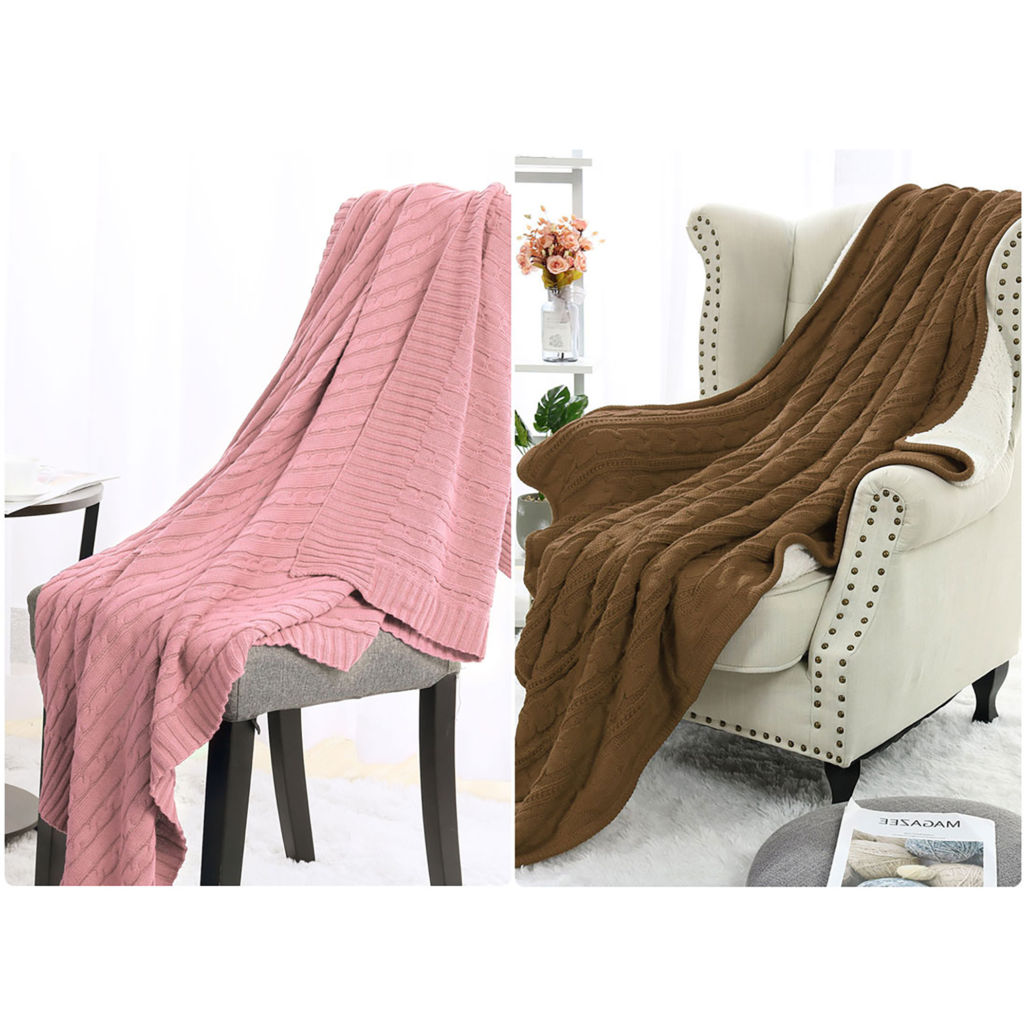 Cable Knit Sherpa Throw Blanket Sofa Home Decor 100 Cotton Knit Cotton Blanket Blush + Brown 130