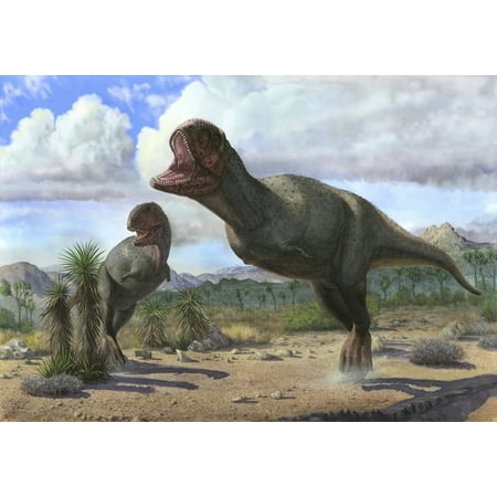 The painting represents a couple of Pycnonemosaurus nevesi running at the time of the attack to the alleged dam Poster