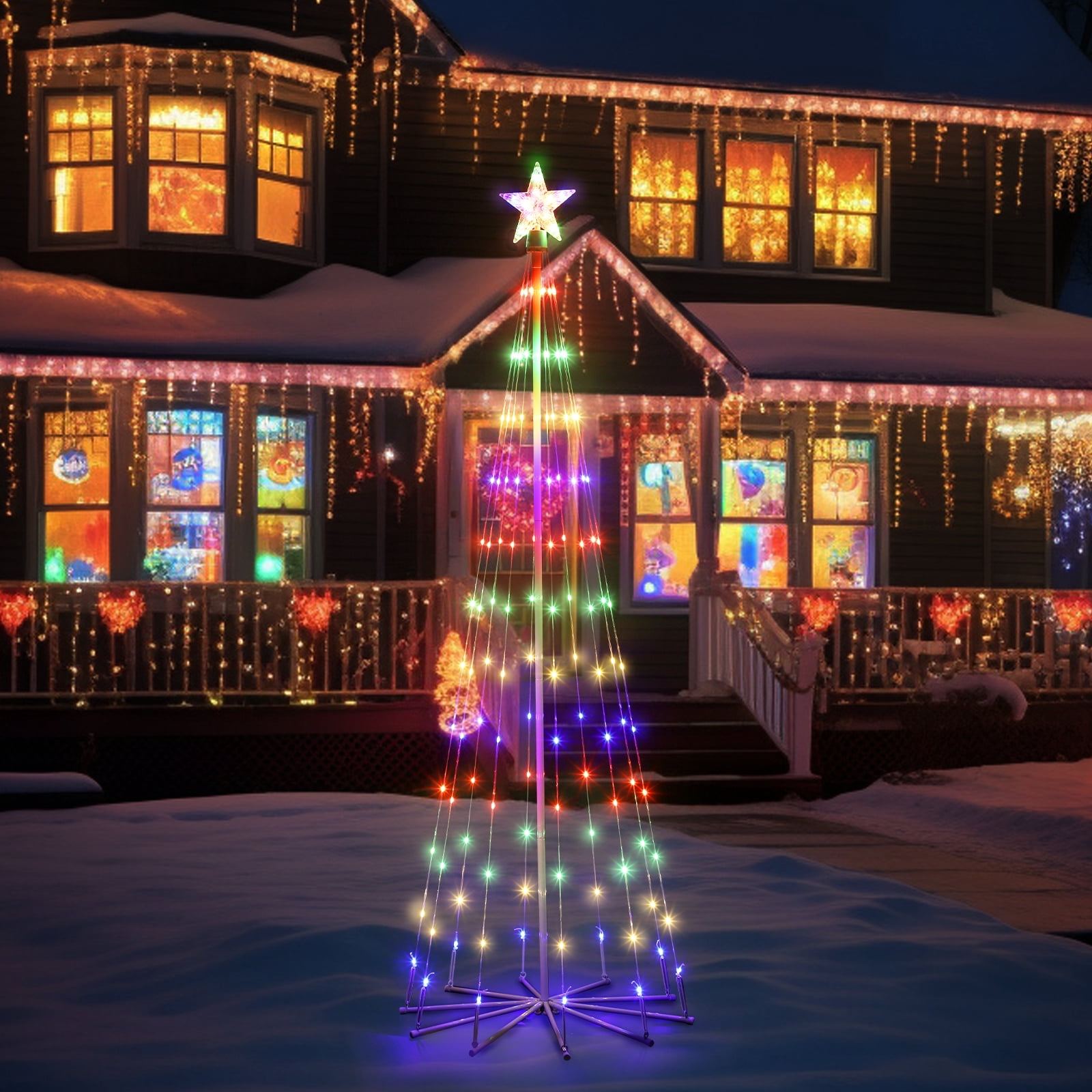 Oumilen Outdoor 6ft Lighted Christmas Tree LED Tree Solar Powered, Multicolor