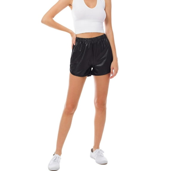 Made by Olivia Women's Dolphin Hem Faux Leather Relaxed-Fit Shorts with Elastic Band
