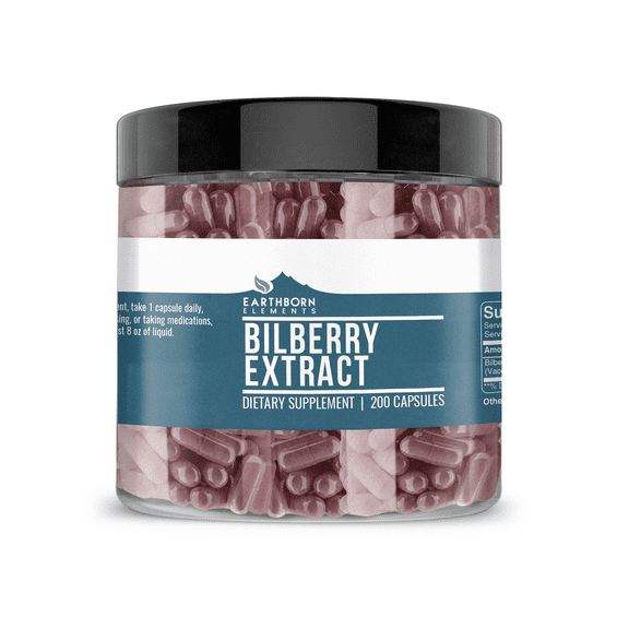 Earthborn Elements Bilberry Extract 200 Capsules, Pure & Undiluted, No Additives