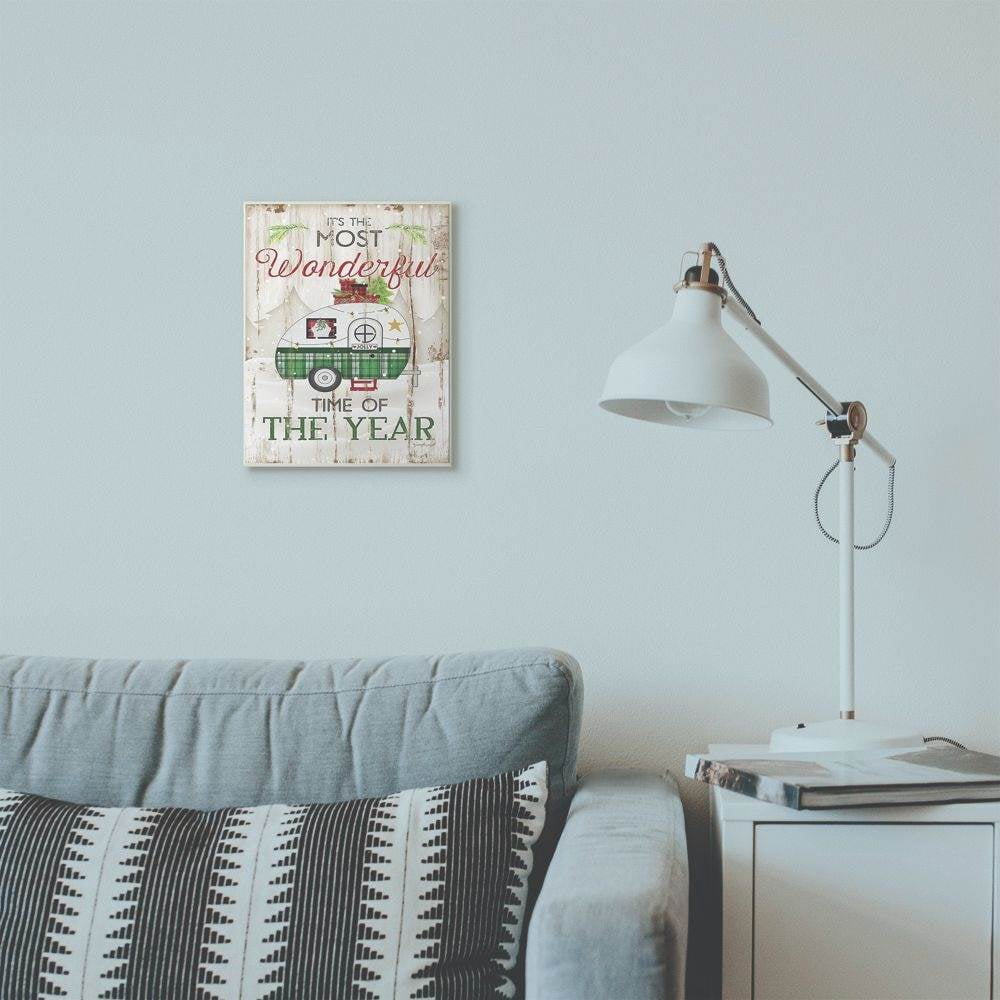 Stupell Industries Most Wonderful Time Green Plaid Camper Wood Texture Holiday Word Design Wood Wall Art By Artist Jennifer Pugh