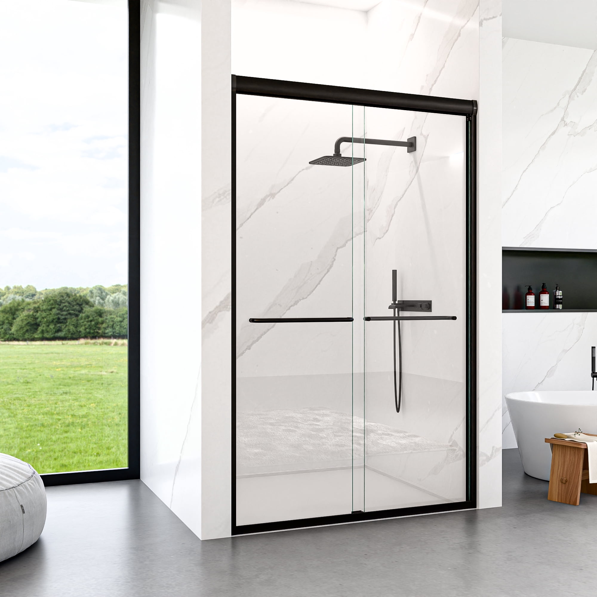 Leumius 44"-48"W*72" H Semi-Frameless Double Sliding Shower Door, Bypass Shower Door, 1/4" (6mm) Thick SGCC Tempered Glass Door, Matte Black02