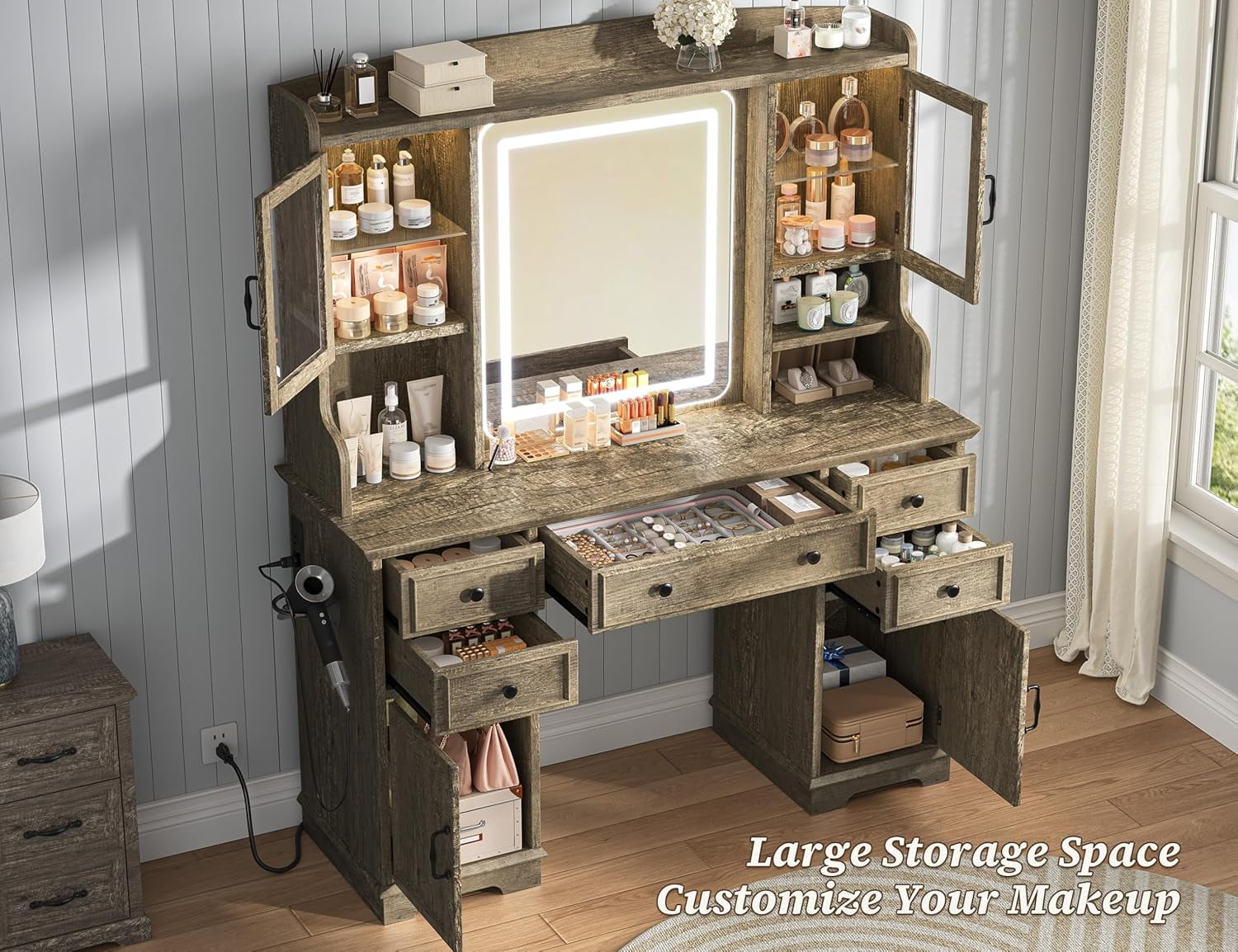 Romorgniz Large Vanity Desk with Mirror and Lights Girls Vanity with Power Outlet Makeup Vanity Table with Hair Dryer Rack, Dark Oak