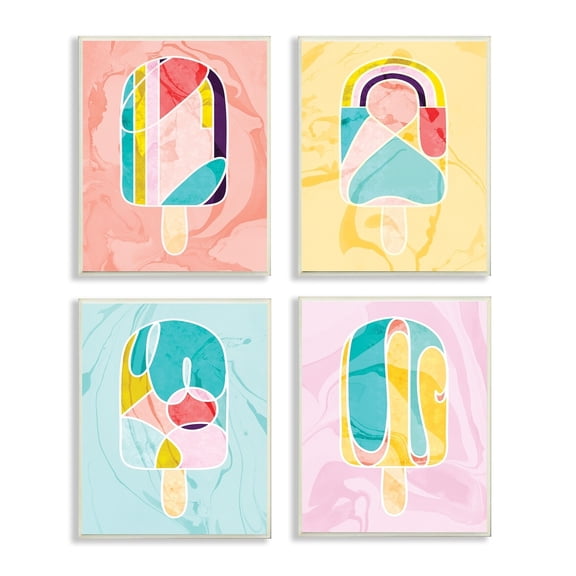 Mod 80's Pastel Abstract Popsicles with Marble Spatter 4pc Wall Plaque Art Set, 10 x 15