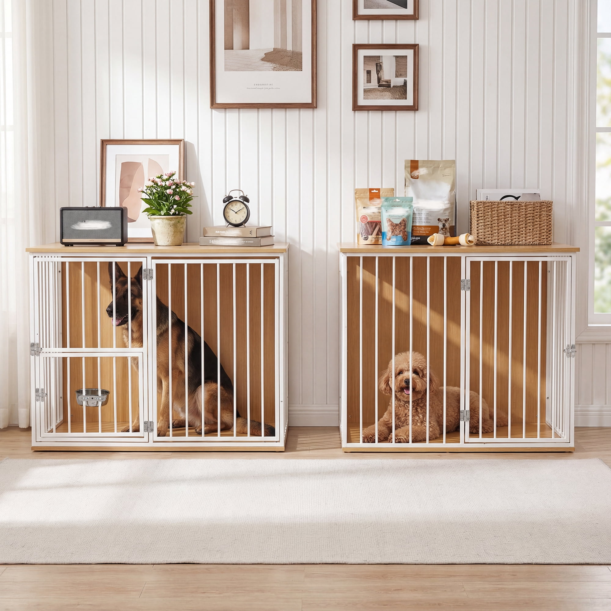 TPHORK Dog Crate Furniture for 2 Dogs, Corner Heavy Duty Double Dog Kennel Furniture with Divider, Indoor Wooden Dogs Crate Large Breed, White