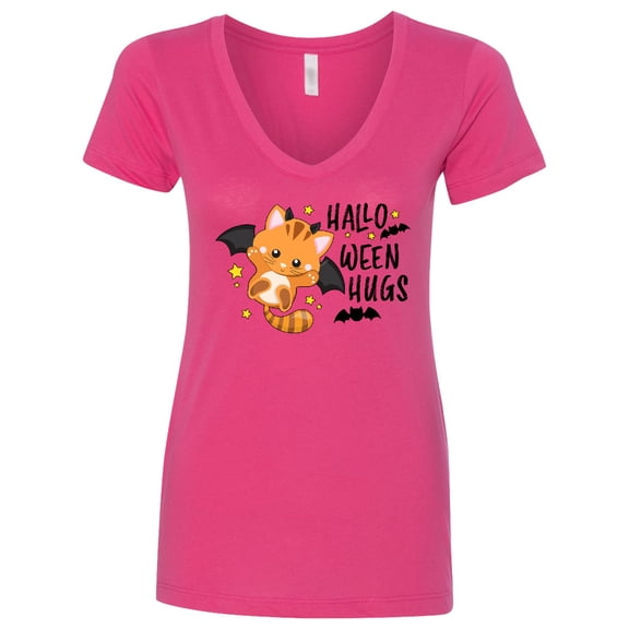 Inktastic Halloween Hugs with Cute Vampire Cat Bat Women's V-Neck T-Shirt