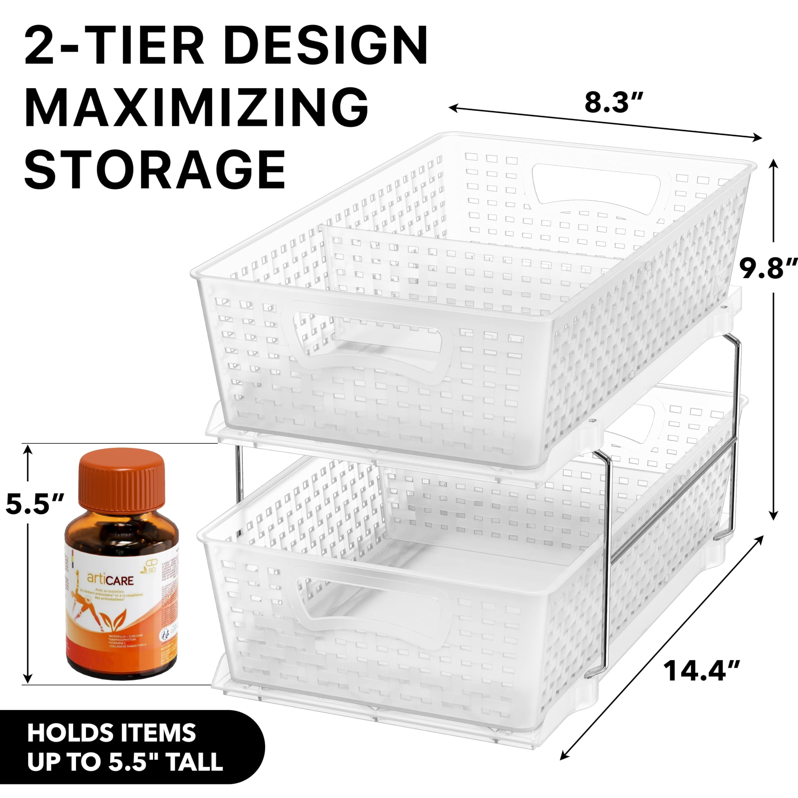 2 Tier Bathroom Organizer Tray Pull-out Sliding Drawer/under-sink Storage  Clear