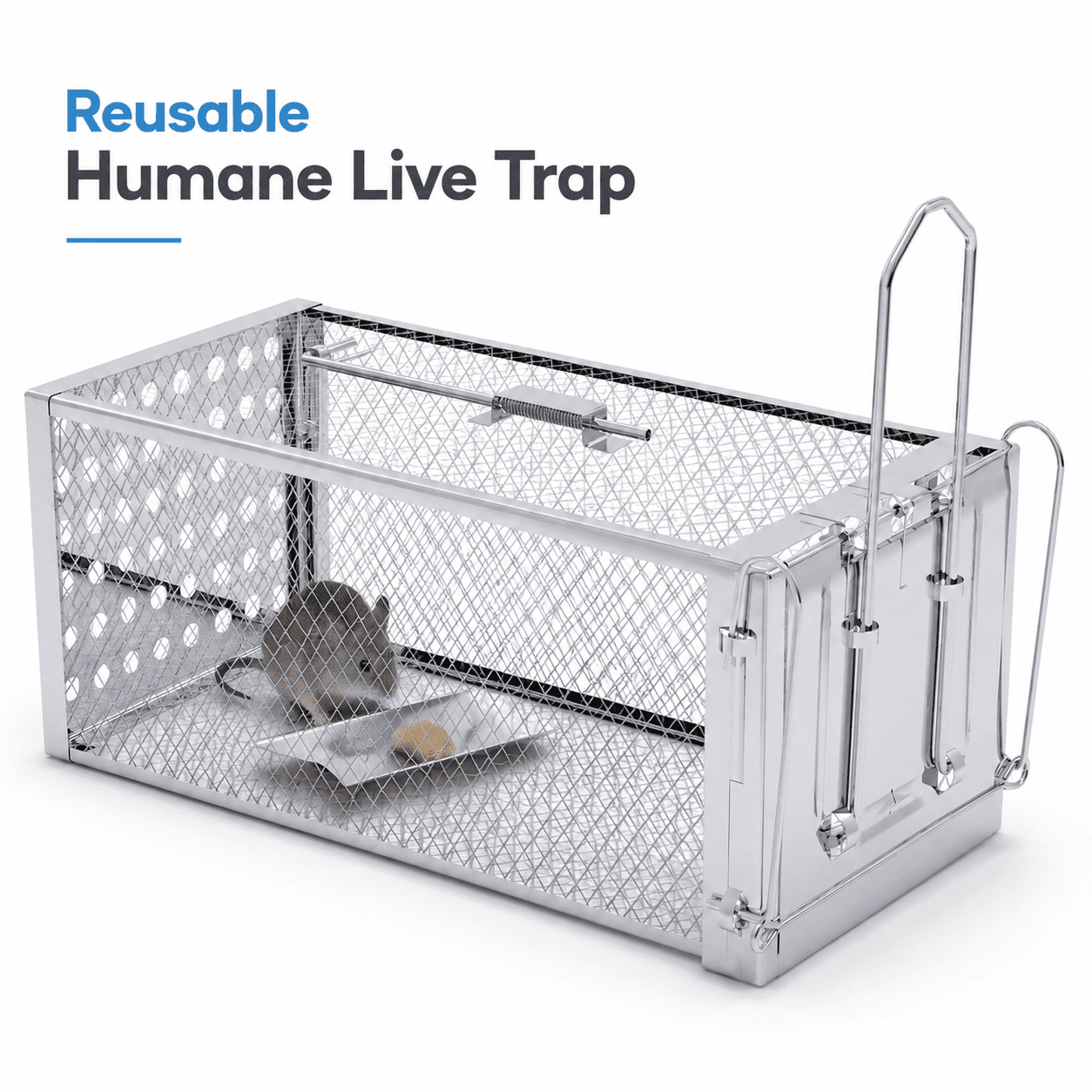 Galvanized Steel Humane Rat Trap Cage, Reusable, Single Door, Silver