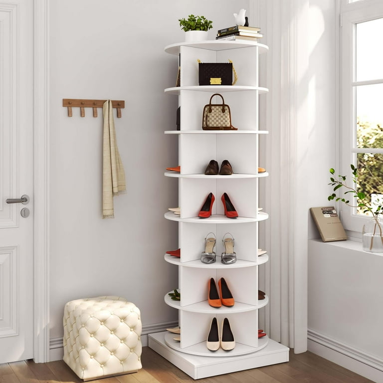 PORKISS 7 Layer Rotating Shoe Cabinet Modern Tall Shoe Rack with Open Storage Space Hold 28 Paris shoes Freestanding 360 Rotating Shoe Rack Tower