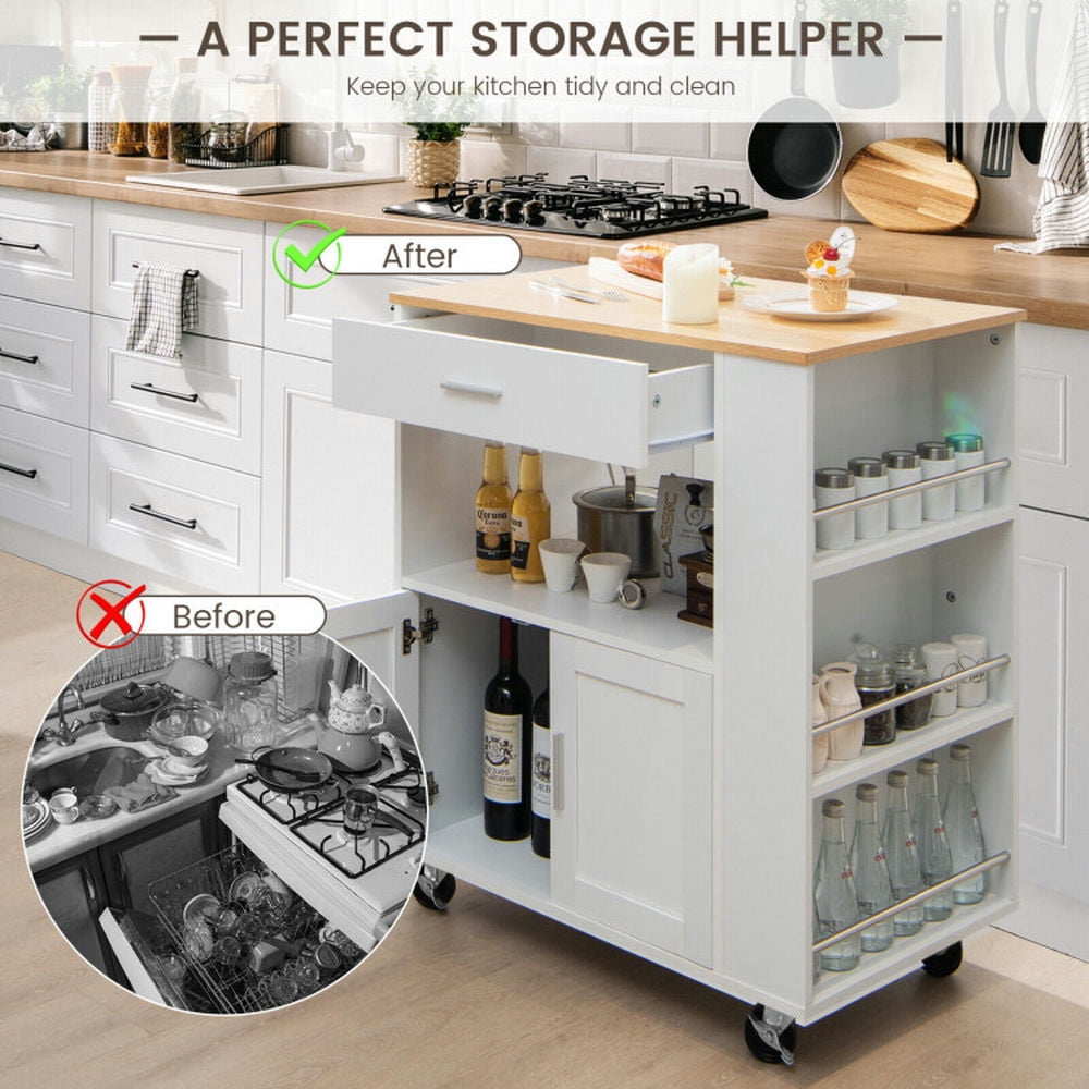 Finihen Rolling Cart, Kitchen Island Cart, Rolling Kitchen Trolley with 3 Spice Racks Drawer and Open Shelf, for Kitchen, Dining Room, White Finihen Rolling Cart, Kitchen Island Cart, Rolling Kitchen Trolley with 3 Spice Racks Drawer and Open Shelf, for Kitchen, Dining Room, White