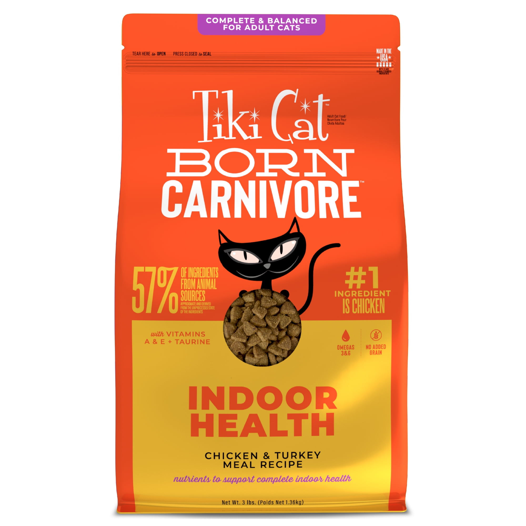 Tiki Cat Born Carnivore Indoor Health Dry Cat Food, Chicken & Turkey Meal, 3 lbs. Bag