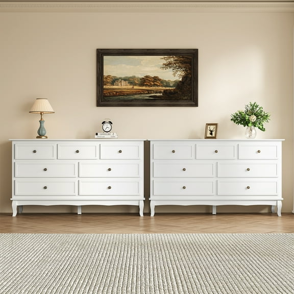 Mayincolor Sideboard Buffet Cabinet with Storage, Set of 2, Modern Buffet 7 Drawers with Distinctive Wooden Legs & White Painted Finish, Accent Credenza Cabinet TV Stand for Living Room, Hallway