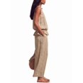 thumbnail image 3 of Women's Linen 2 Piece Outfits Sleeveless Ruffle Top Wide Leg Pants Summer Loungewear Beach Sets Khaki XL, 3 of 8