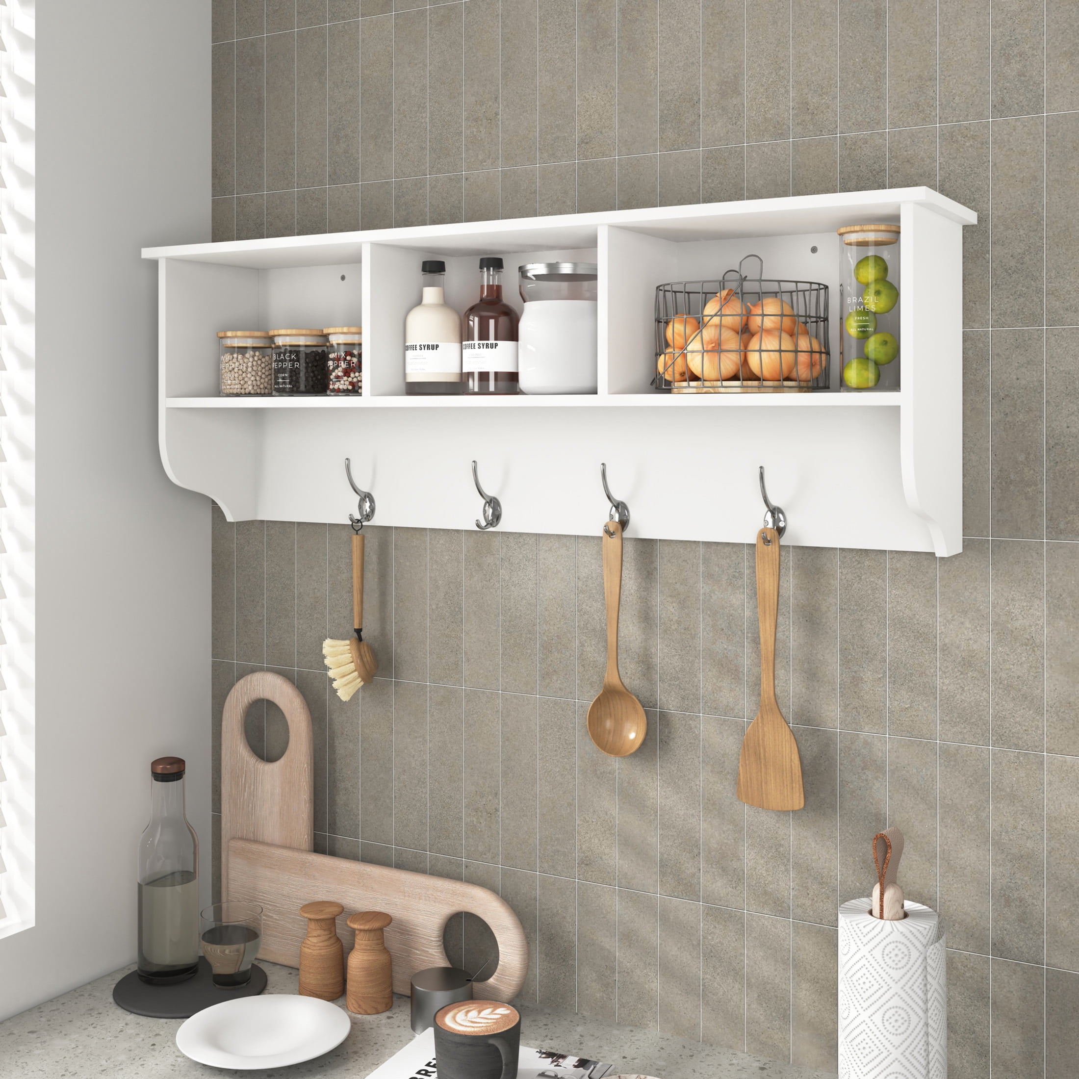 Noble House Wall Mounted Entryway Coat Rack with Storage Shelf and 4 Dual Hooks, MDF Wood, White