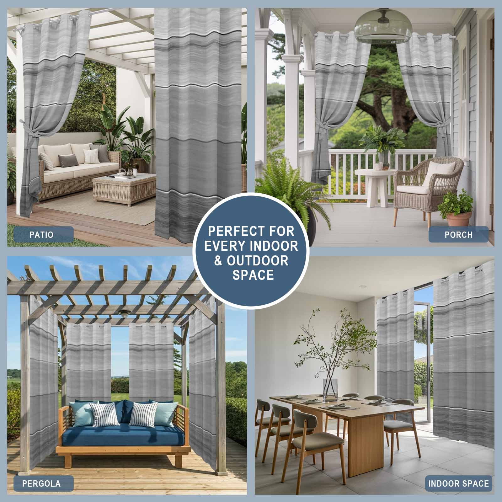 Outdoor Curtains for Patio Waterproof, Grey Ombre Wooden Windproof Pravicy Outside Porch Blackout Curtain, Farmhouse Retro Gray Wood Gradient Sun Blocking Grommets Curtains for Cabana Gazebo 54"x95"