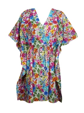 Mogul Women Colorful Floral Tunic Dress Cotton Kimono Sleeves Knee Length Comfy Loose Kaftan Beach Cover Up Short Caftan Dresses 3X