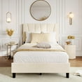 thumbnail image 3 of Twin Size Bed Frame with Adjustable Headboard, Velvet Upholstered Tufted Twin Platform Bedframe with Strong Wooden Slats, Mattress Foundation, No Box Spring Needed,Easy Assembly,Beige/Cream, 3 of 7