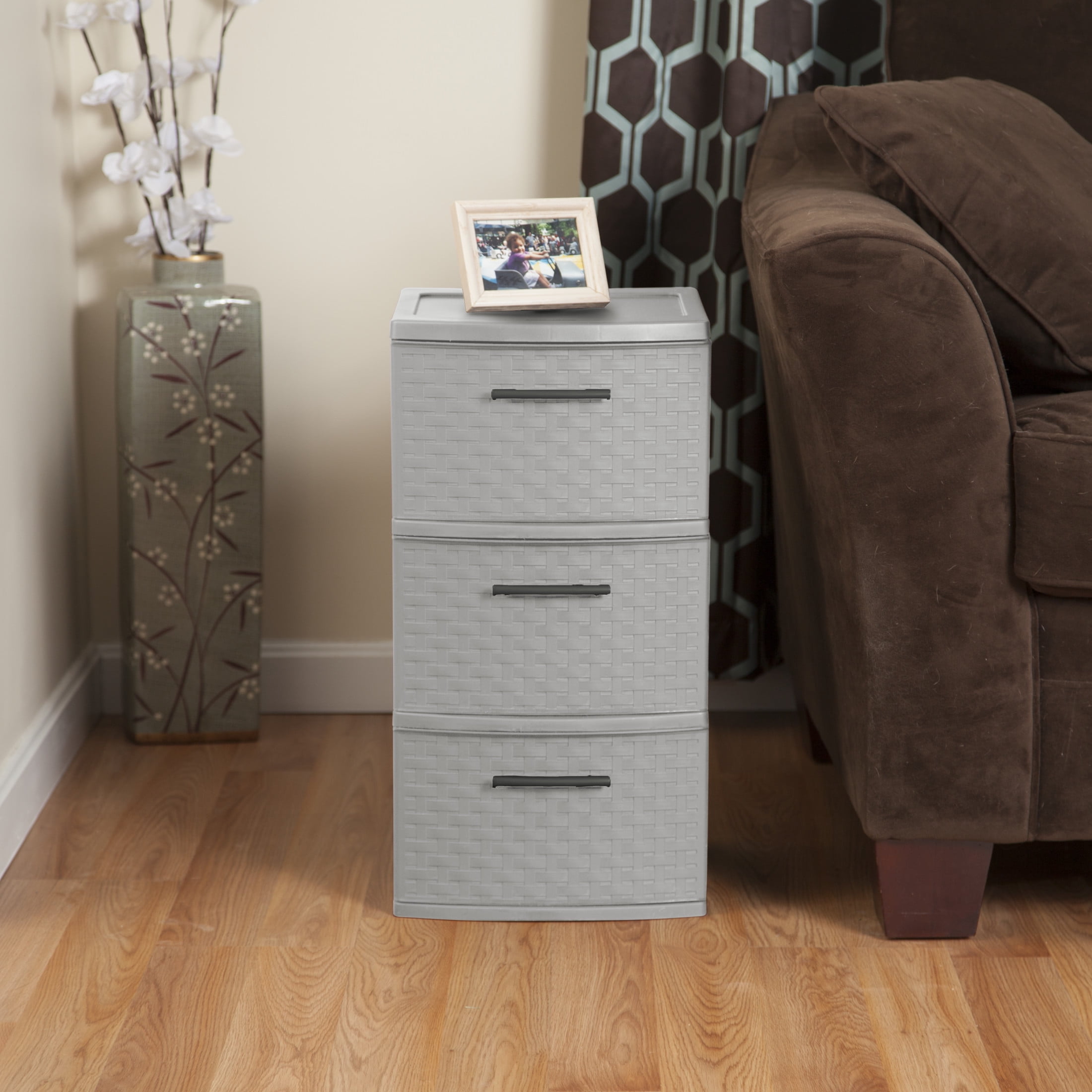 Sterilite 3 Drawer Weave Tower, Plastic Décor Drawers with Pull Handles, Gray