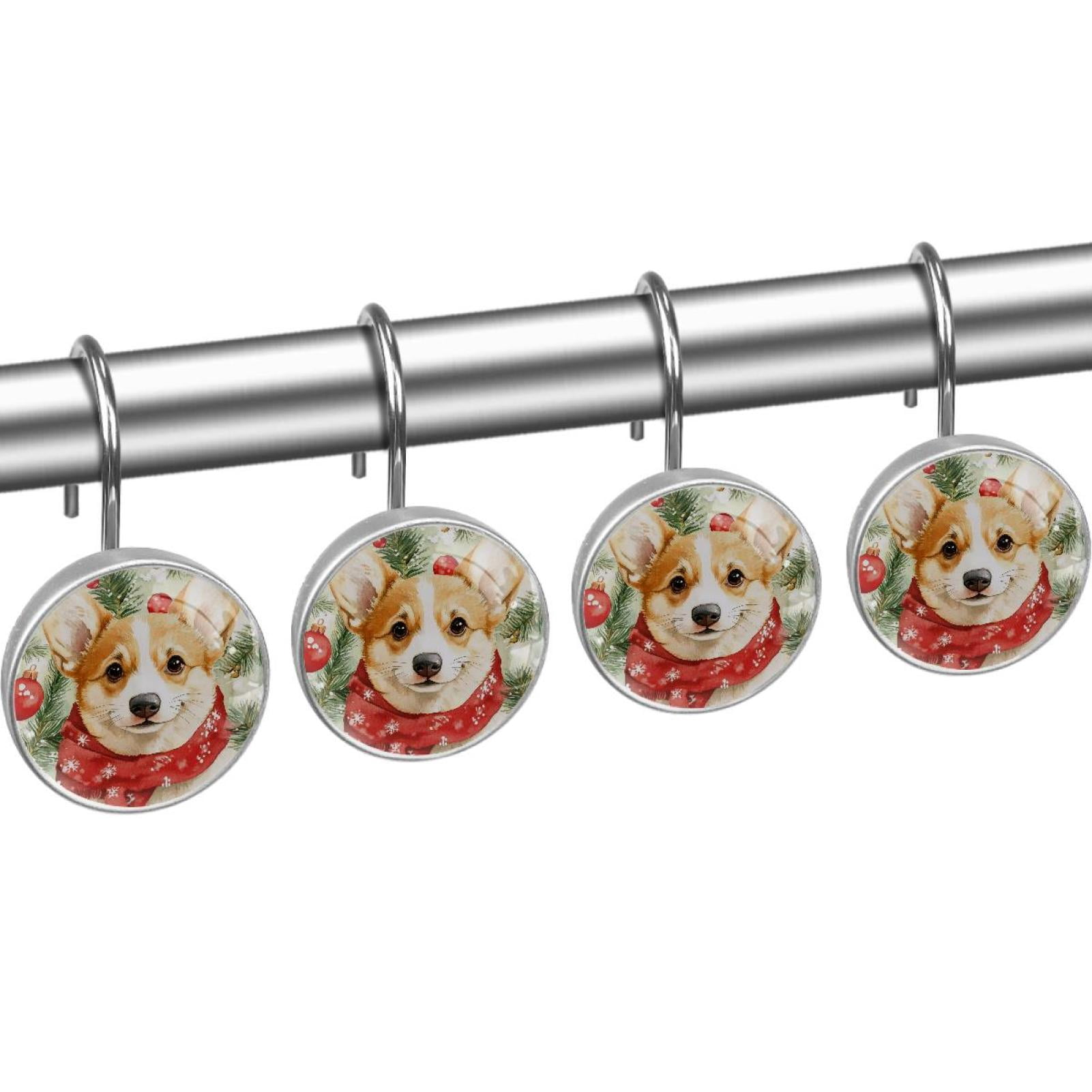 Red Snowflakes Scarf Corgi Shower Curtain Hooks Round Crystal Glass, Set of 12 Shower Curtain Rings - Shower Hooks for Curtain Shower Rings