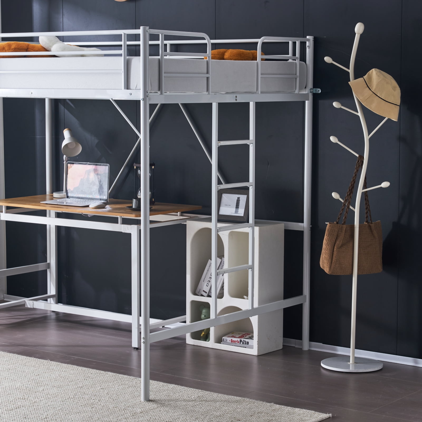 Ktaxon Loft Bed Full Size with Flat Rungs, No Box Spring Required,Heavy Duty Metal Slat Support,White