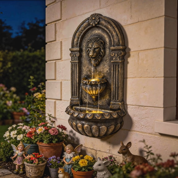 Outsunny 31" Wall-Mounted Outdoor Fountain, 3-Tier Cascading Waterfall Feature with LED Lights, Bronze