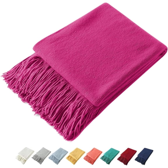 Decorative Knitted Throw Blanket with Fringe, Lightweight Acrylic Knit, Soft and Cozy Tassel Blanket for Couch Sofa Bed (Fuchsia, 50 x 60 inches)