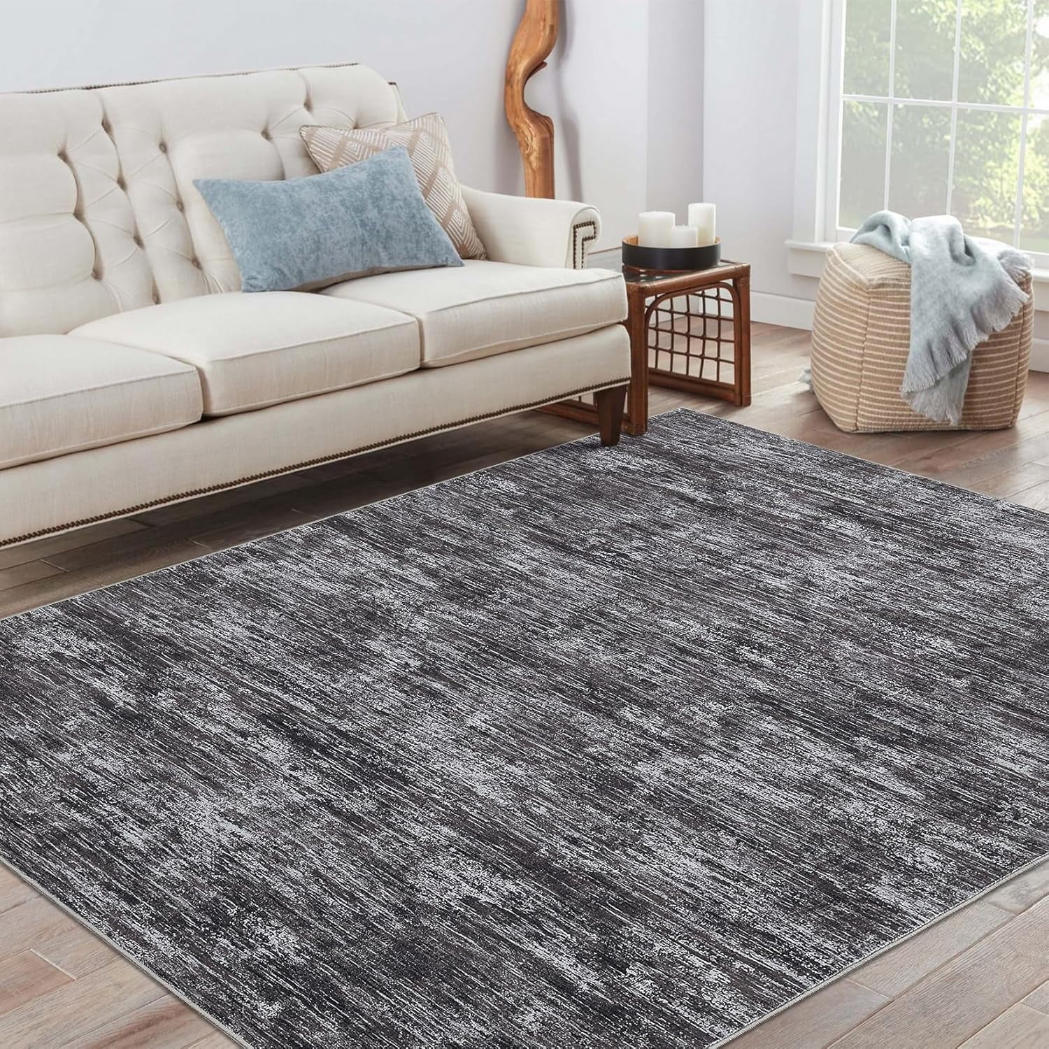 Shininglove Washable Area Rugs 9' x 12' Large Modern Abstract Plain Texture Living Room Carpet, Contemporary Non-Slip Accent Floor Mat for Playroom Nursery Room(Dark Grey)