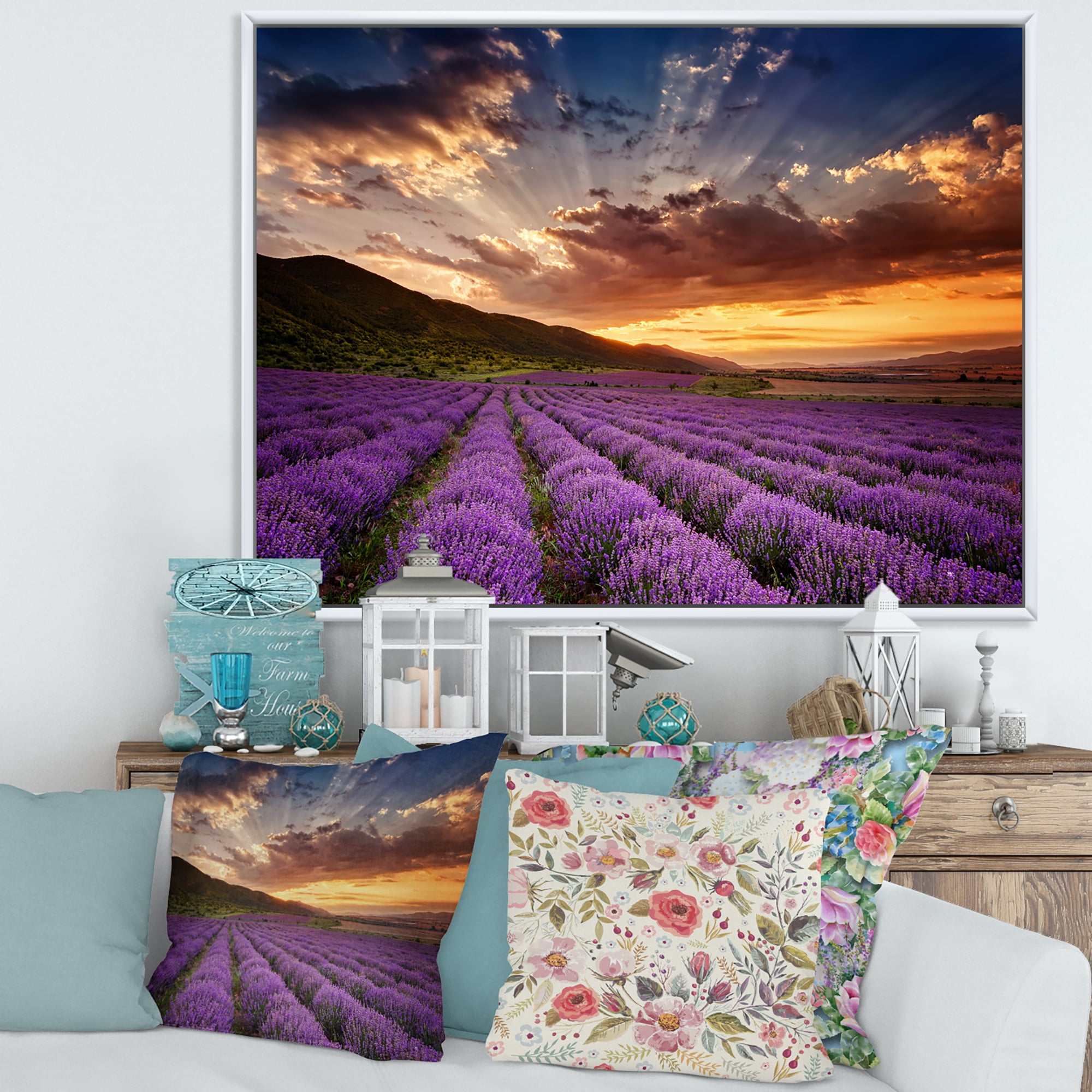 Designart 'Dramatic Clouds and Sunrise Over Lavender Field X' Farmhouse Framed Canvas Wall Art Print