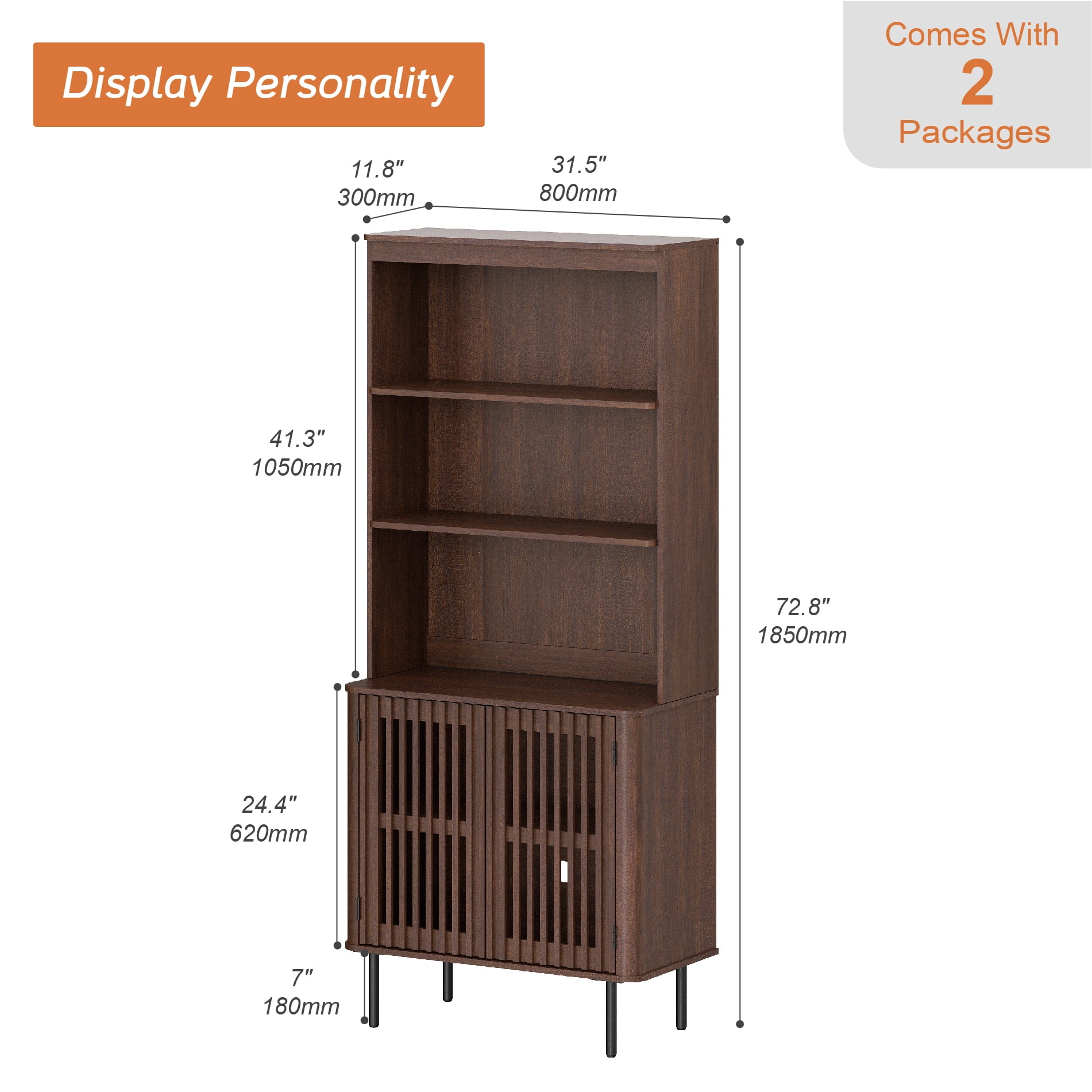 WAMPAT 72.8" Tall 5-Tier Bookshelf with Doors, Modern Bookcase with Storage, Adjustable Shelves, Wood Storage Cabinet, Walnut，3 PCS