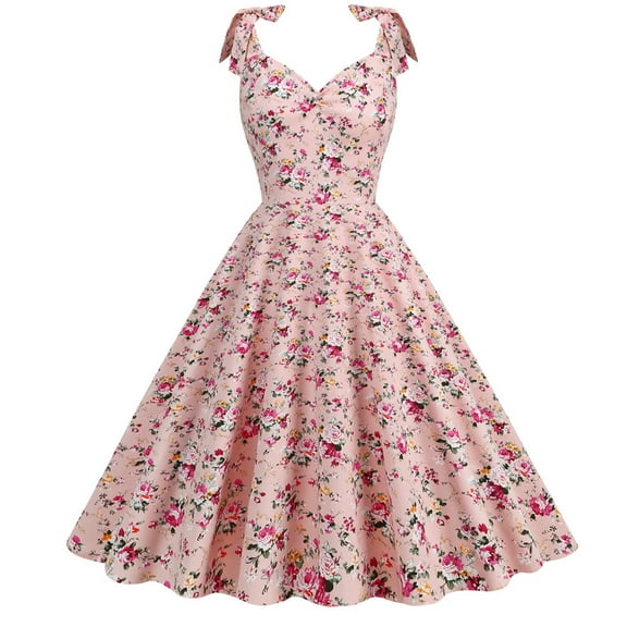 TMOYZQ Women's 1950s Hepburn Sleeveless V-Neck Midi Dress Floral Printed Flowy A-Line Dress Swing Evening Party Cocktail Dress