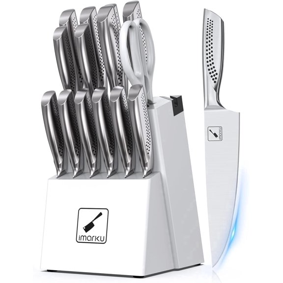 imarku Japanese HC Stainless Steel 15 Piece Kitchen Knife Set, Built in Sharpener, Sharp Knife Set with Point like Ergonomic Handle, Holiday Gift, Home Chef Knife, White,Kitchen Essentials