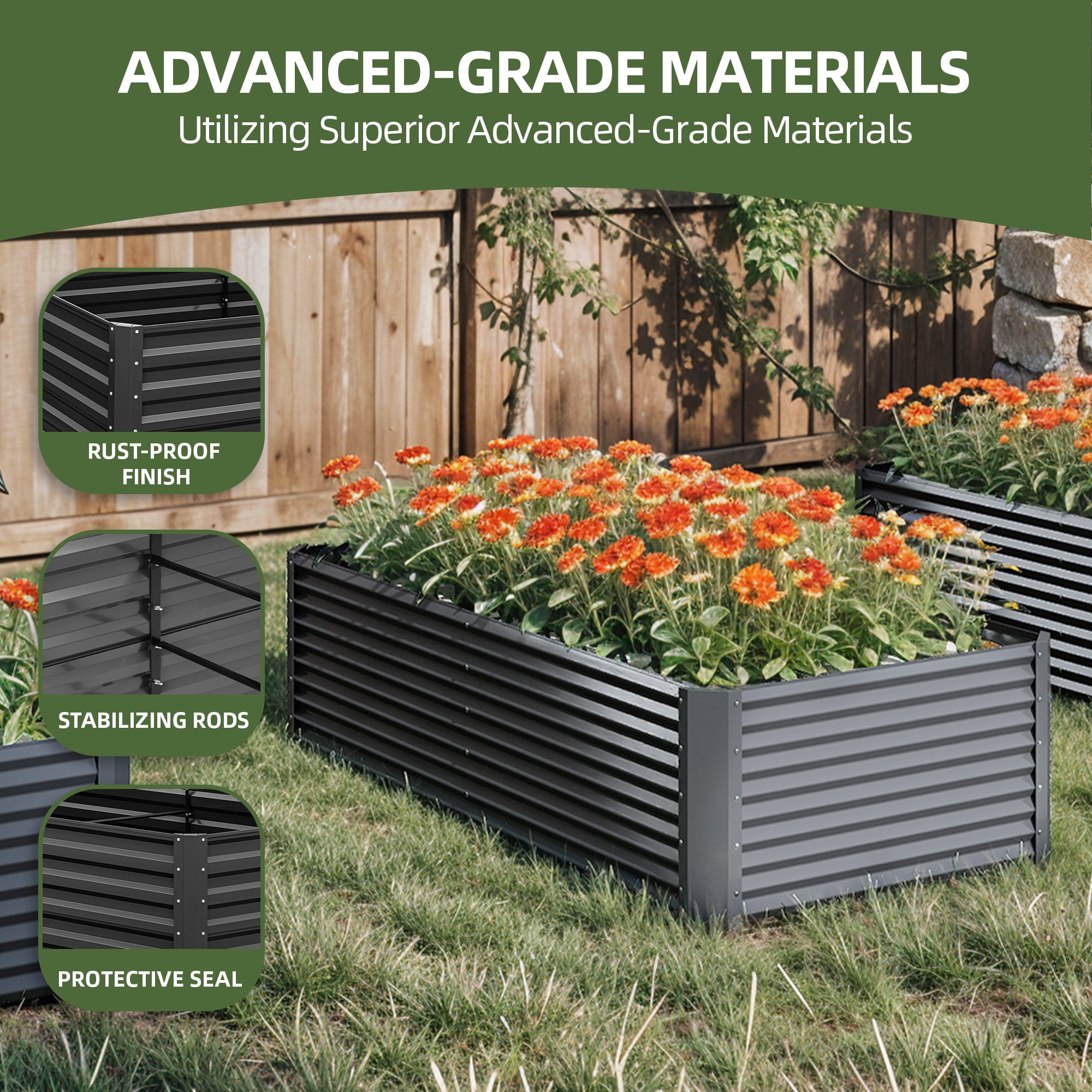 Uforic 2 Pack 8x4x2 ft Black Galvanized Raised Garden Bed Kit, Metal Planter Box with Gloves, Ground Nails & Support Rod, Outdoor Above-Ground Planter for Plants, Vegetables, and Flowers