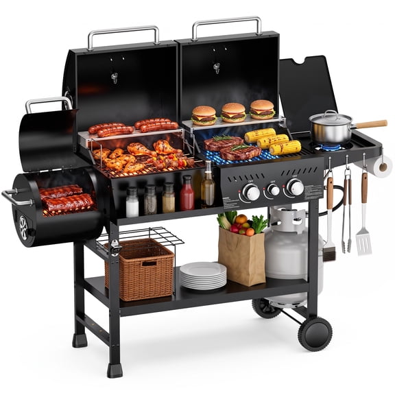PARGRILL 2-Burner Gas and Charcoal Grill Combo with Offset Smoker and Side Burner, 808 Sq. In. Total Cooking Area, 30,000 BTU, Outdoor BBQ, Black