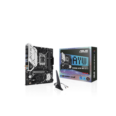 ASUS B760M-AYW WIFI D4 II Intel B760 (LGA 1700) microATX mATX motherboard, PCIe 5.0 x16 Support, two M.2 slots, DDR4, Realtek 2.5Gb Ethernet, Wi-Fi 6, HDMI, SATA 6 Gbps, front USB 5Gbps, Aura Sync