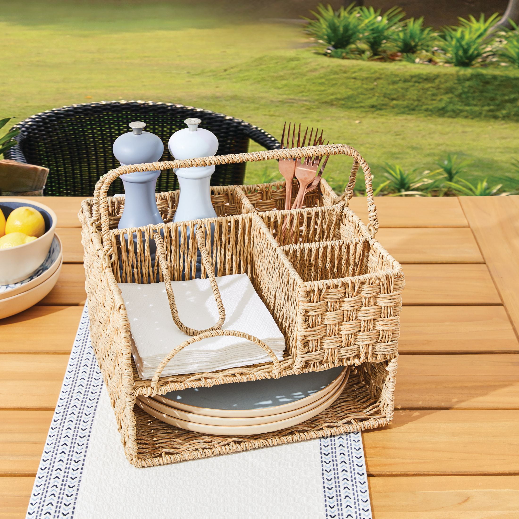 (2 pack) Better Homes & Gardens Resin Rattan All-in-one Serving Caddy, Beige