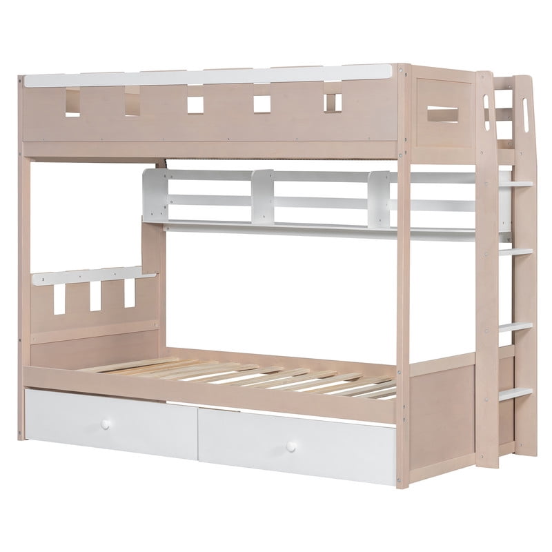 Twin Size Castle-Designed Kids's Bunk Bed with Built-in Ladder & LED Strip, Storage Wooden Bed Frame with 2 Drawers & Shelves