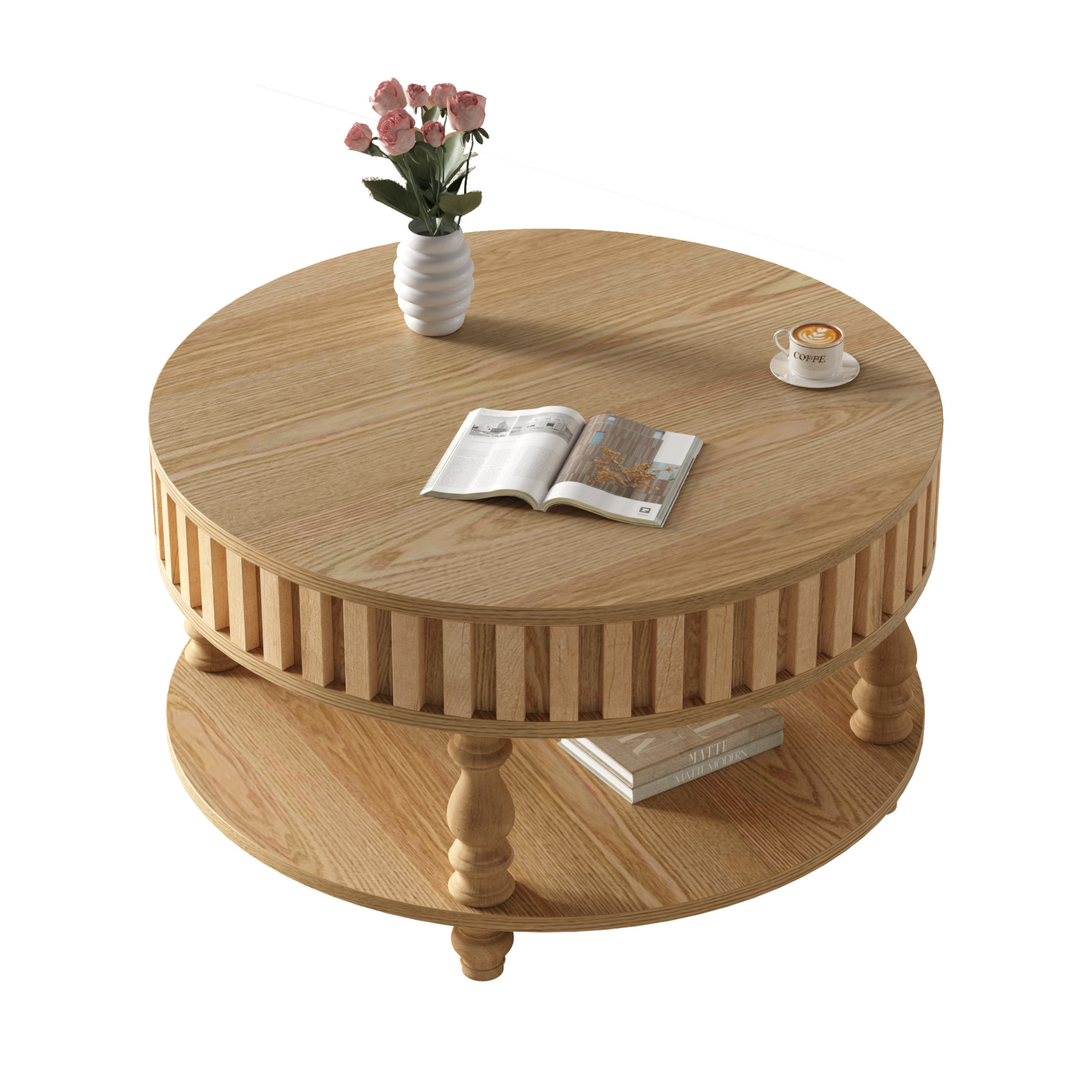 Noble house Farmhouse Fluted Coffee Table with Flip-Top Storage, Solid Wood Legs,Natural Wood