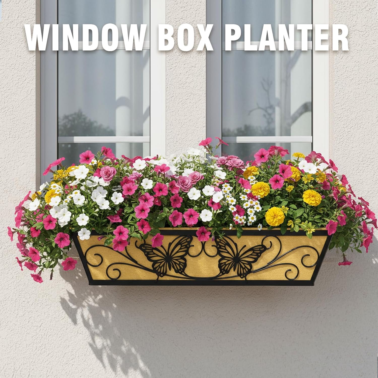 2 Pack 24 Inch Window Boxes Planter Railing Planters Box with Adjustable Brackets for Porch Deck Balcony Hanging Butterfly Decorative Flower Baskets & Non-Woven Fabric Liner for Outdoor Plants -Black