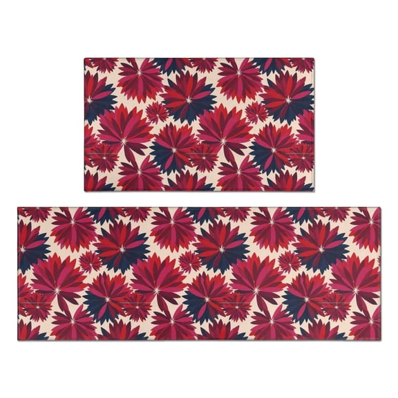Geometric Flower and Dahlia Beige Anti Fatigue Kitchen Rugs Set Of 2, Non Slip Washable Decorative Floor Mats for Kitchen Sink Laundry, 17"x30" and 17"x47"