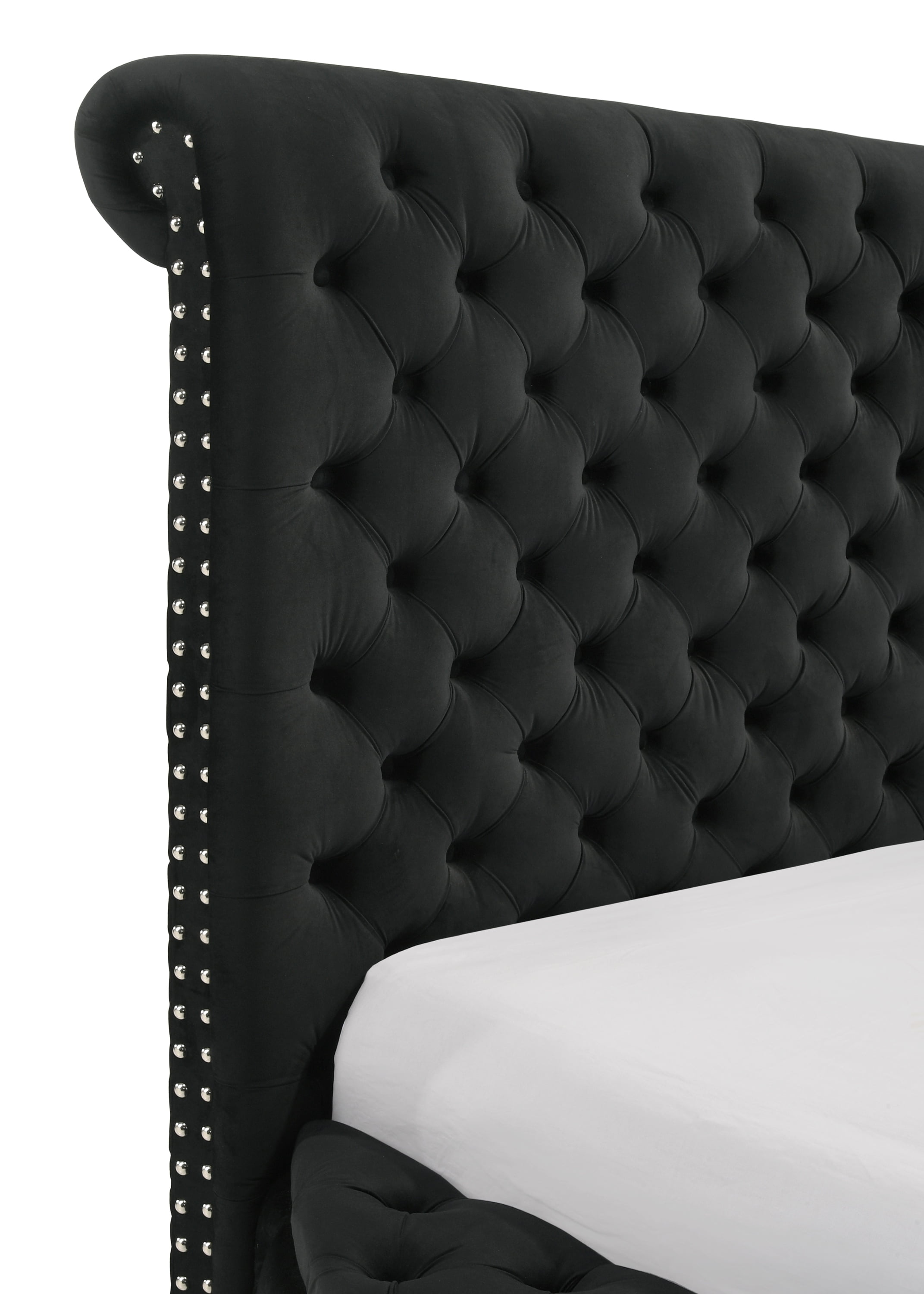 Bed Frame 1pc Unique Round Plush Black Velvet Button-Detailing Storage Bed King Size