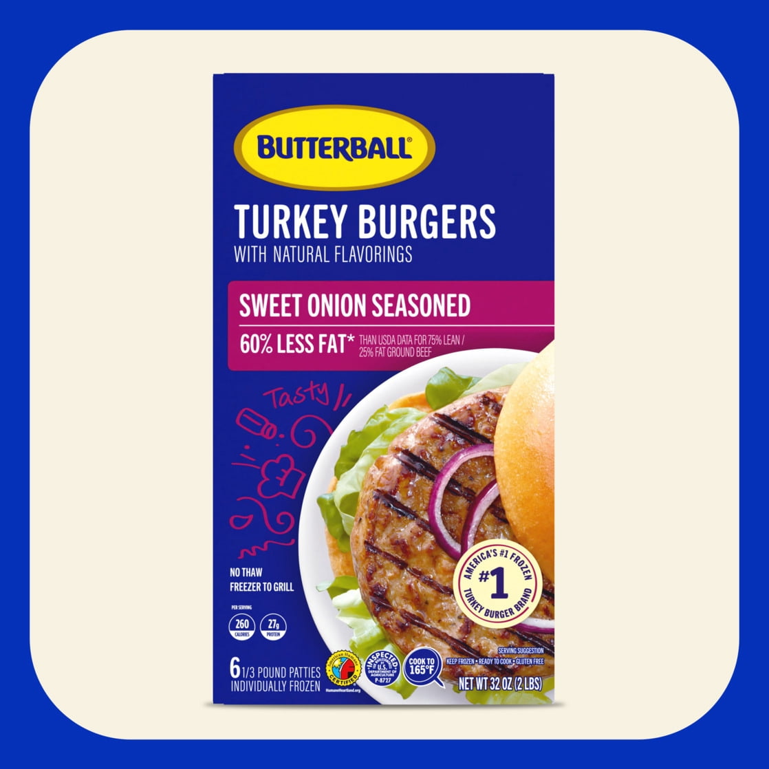 Butterball Frozen Turkey Burgers, Sweet Onion Seasoned, 1/3 lb Patties