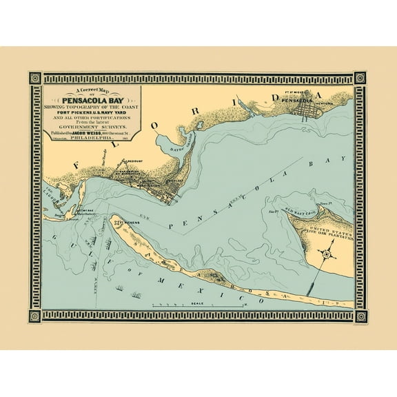 Historic City Map - Pensacola Bay Florida - Weiss 1863 - Vintage Wall Art