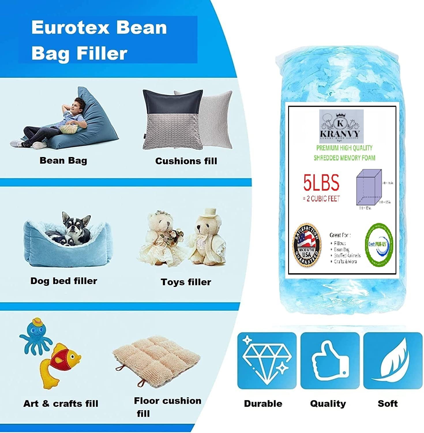 Eurotex Bean Bag Filler w/Shredded Memory Foam Filling - Pillow Stuffing Material for Couch Pillows Cushions Bean Bag Refill Filling & More Poly F
