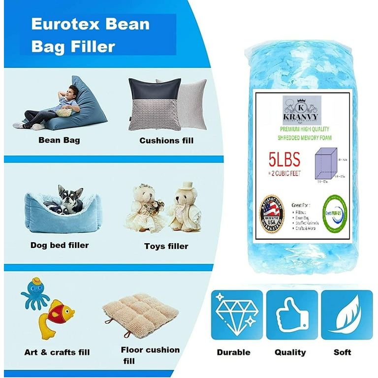 Eurotex Bean Bag Filler w/Shredded Memory Foam Filling - Pillow Stuffing Material for Couch Pillows Cushions Bean Bag Refill Filling & More Poly F