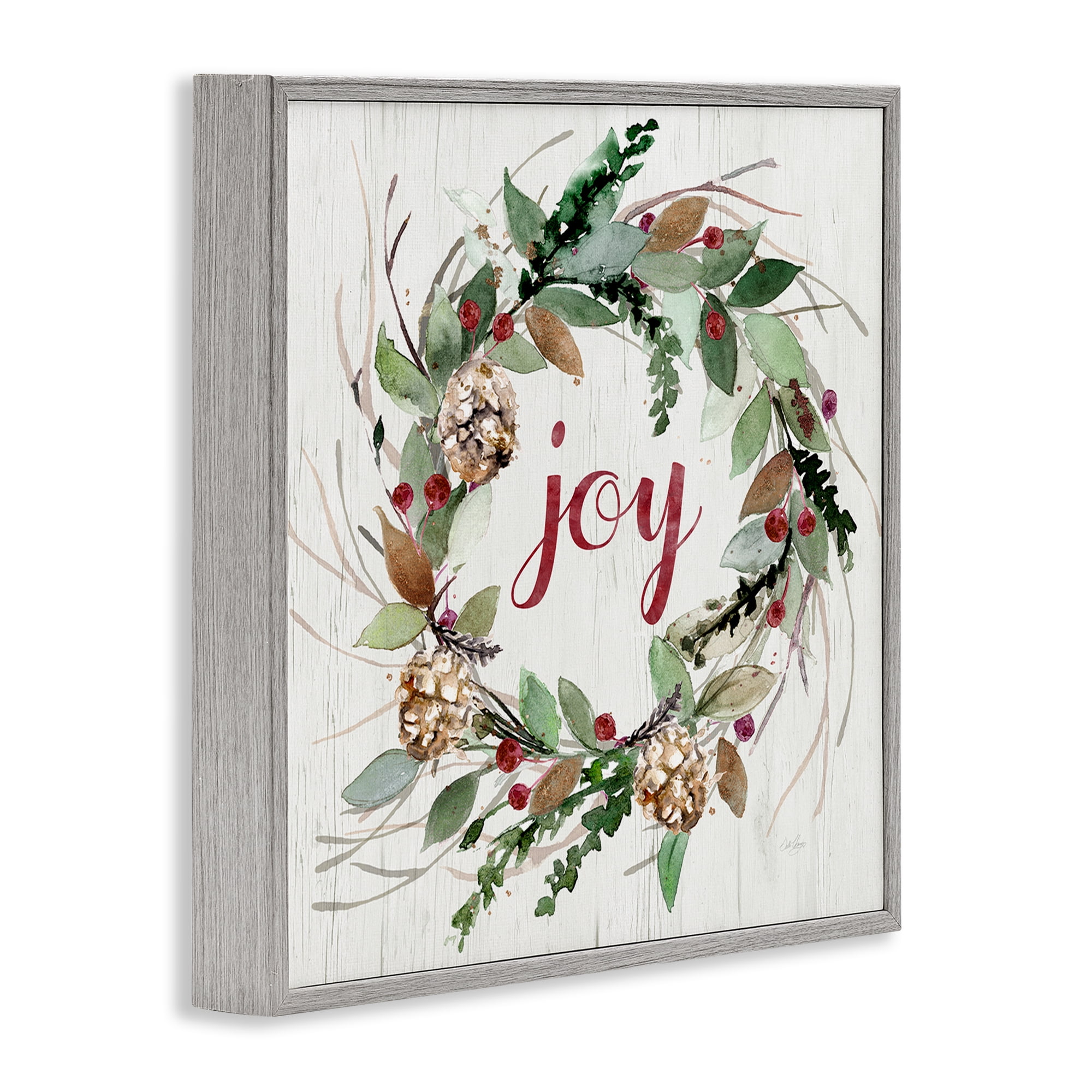 Stupell Industries Joy Seasonal Wreath Botanical & Floral Painting Gray Framed Art Prints Wall Art, 17 x 17