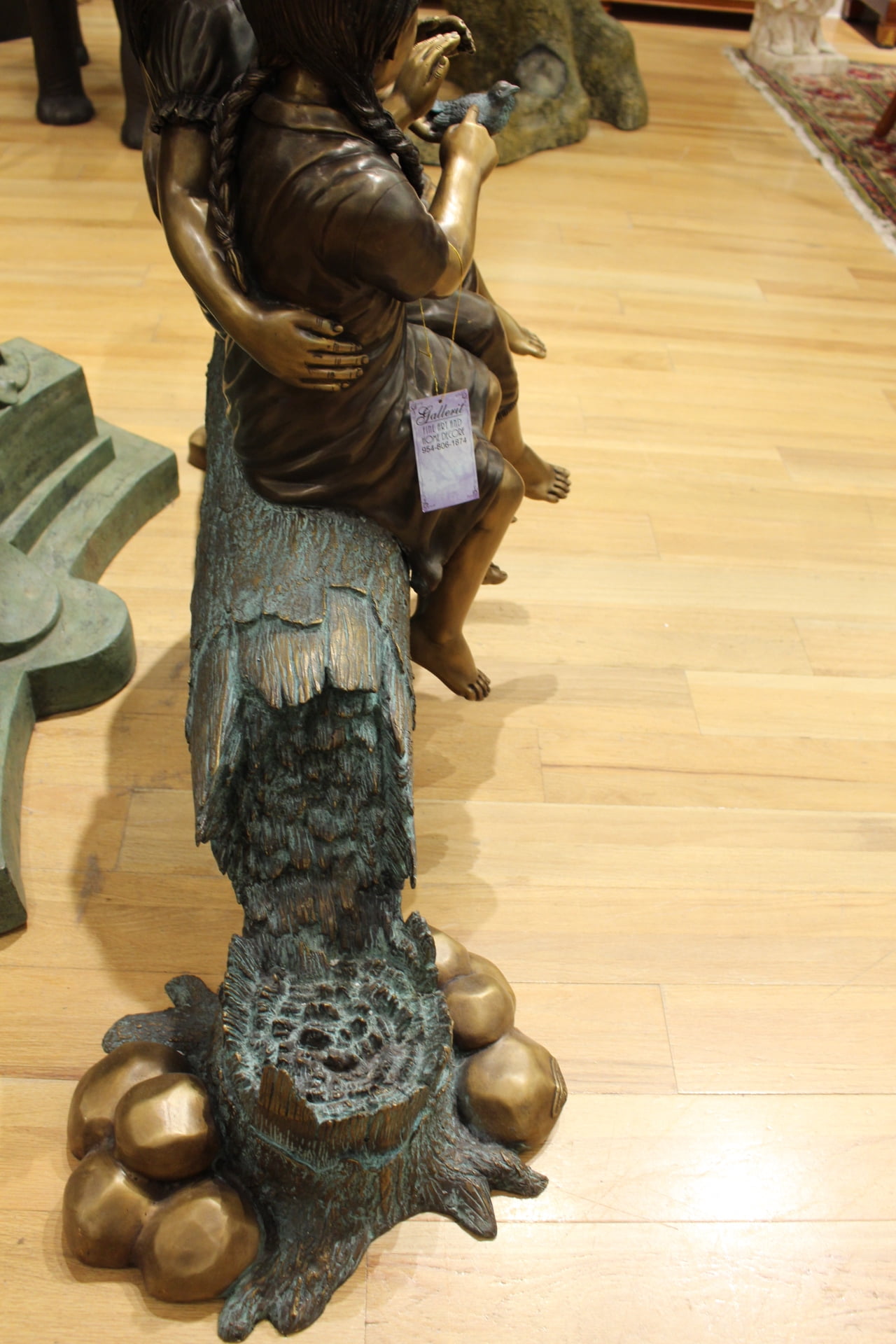 Nifao Three Children On Log Holding Bird Bronze Statue – Outdoor Garden Decor Sculpture, 55"L x 18"W x 38"H