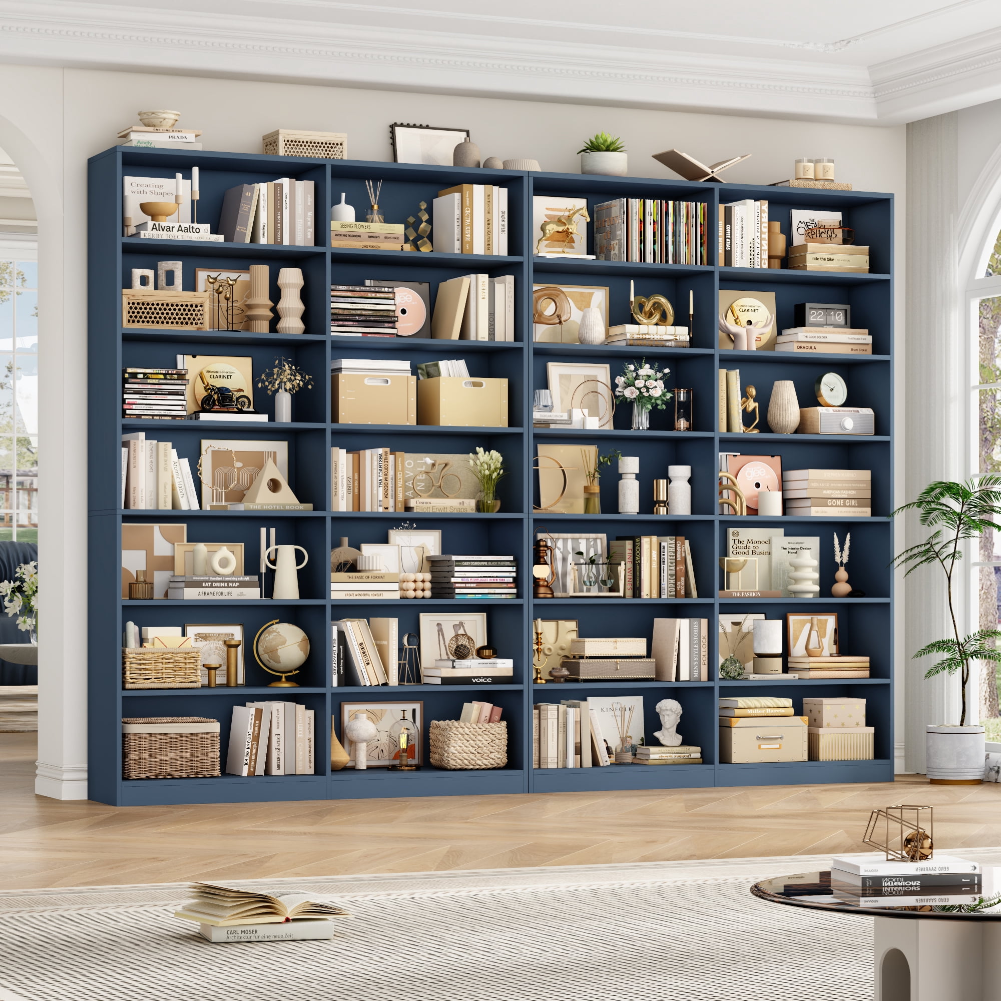 Hiphuta 84" Tall Double Wide 7-Tier Bookcase with 14 Cubes, Large Open Bookcase for Home Office and Living Room, Freestanding Display Book Shelves, Blue
