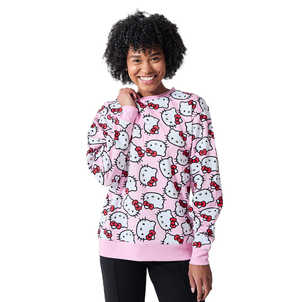Hello Kitty Character Heads All-Over Print Women's Pink Crew Neck Long Sleeve Sweatshirt-Medium
