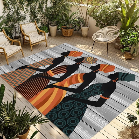 Black African Women Outdoor Area Rug 4x6ft Decorative Indoor Outdoor Rug Elegant Grey Stripes Patio Area Rug for Porch, Deck, Balcony, Entryway, Camping & RV